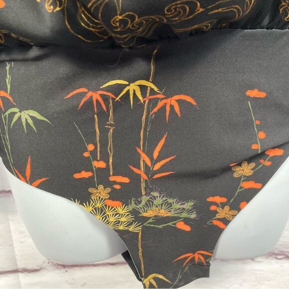 Zara Accessories Bodysuit Plunging V Neck Top Size M Black Orange Floral Turtle - Picture 5 of 16